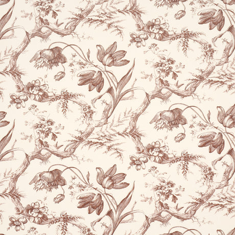 Toile de Fleurs Fawn wallpaper by Schumacher featuring detailed twisting branches and flowers in a classic ogee pattern.