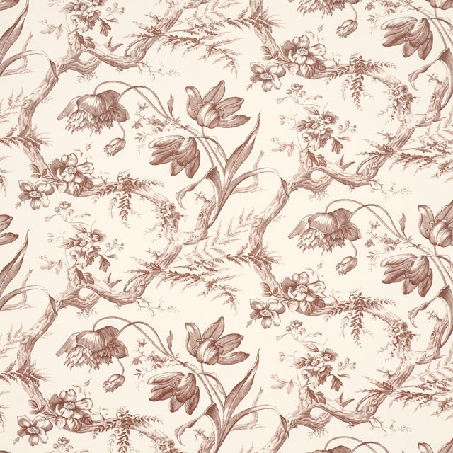 Toile de Fleurs Fawn wallpaper by Schumacher featuring detailed twisting branches and flowers in a classic ogee pattern.