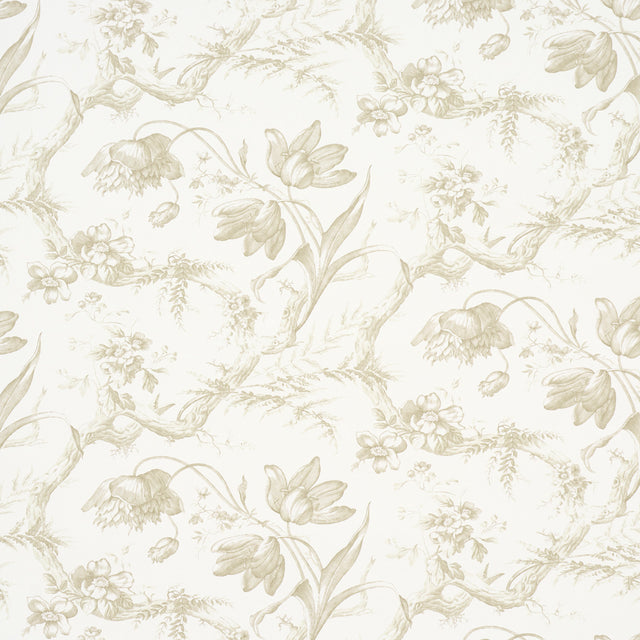 Toile de Fleurs Birch wallpaper by Schumacher featuring detailed twisting branches and flowers in a timeless ogee pattern.