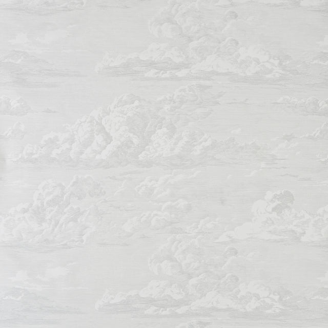 Cloud Toile Quartz wallpaper by Schumacher featuring a wide-width, screenprinted cloud pattern in soft neutral tones.