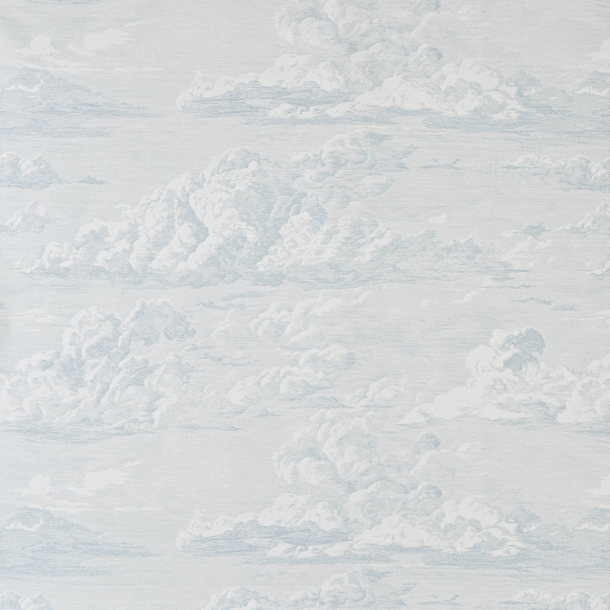 Cloud Toile Mineral wallpaper by Schumacher featuring a wide-width, screenprinted cloud pattern in soft blue and white tones.