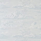 Cloud Toile Mineral wallpaper by Schumacher featuring a wide-width, screenprinted cloud pattern in soft blue and white tones.