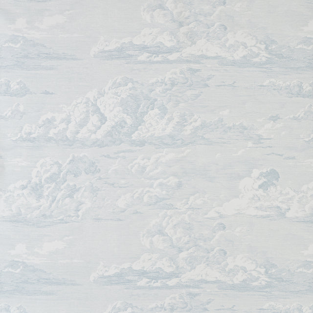 Cloud Toile Mineral wallpaper by Schumacher featuring a wide-width, screenprinted cloud pattern in soft blue and white tones.