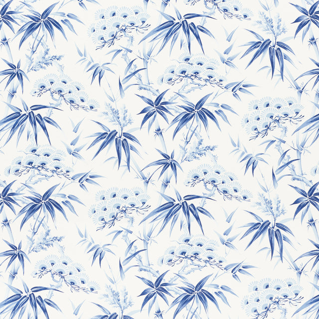 Arita Floral porcelain blue botanical wallpaper with bamboo and plum blossom motifs by Schumacher