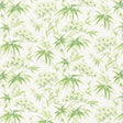 Arita Floral wallpaper in Leaf by Schumacher, featuring painterly bamboo and plum blossom motifs in green on a white background.