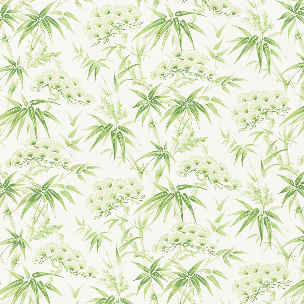 Arita Floral wallpaper in Leaf by Schumacher, featuring painterly bamboo and plum blossom motifs in green on a white background.