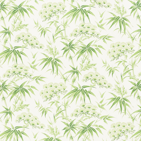 Arita Floral wallpaper in Leaf by Schumacher, featuring painterly bamboo and plum blossom motifs in green on a white background.