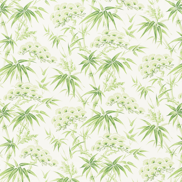 Arita Floral wallpaper in Leaf by Schumacher, featuring painterly bamboo and plum blossom motifs in green on a white background.