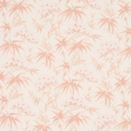Arita Floral wallpaper in rose, featuring painterly bamboo and plum blossom motifs in a soft pink colorway, styled in a bedroom setting.