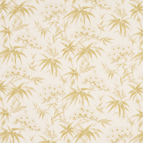 Arita Floral Citron botanical wallpaper by Schumacher featuring painterly bamboo and plum blossoms in yellow on a light background.