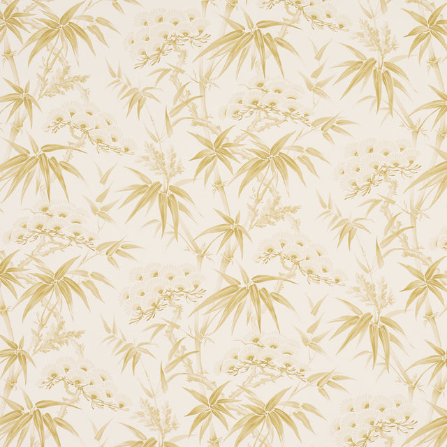 Arita Floral Citron botanical wallpaper by Schumacher featuring painterly bamboo and plum blossoms in yellow on a light background.