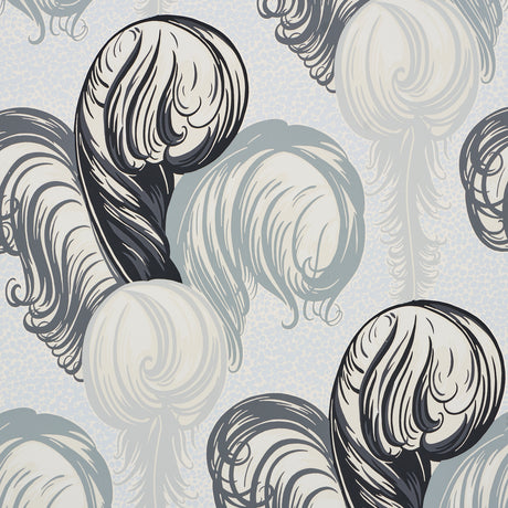 Plumes Grisaille wallpaper by Schumacher featuring whimsical ostrich feather sprays in a stylish Art Deco design.