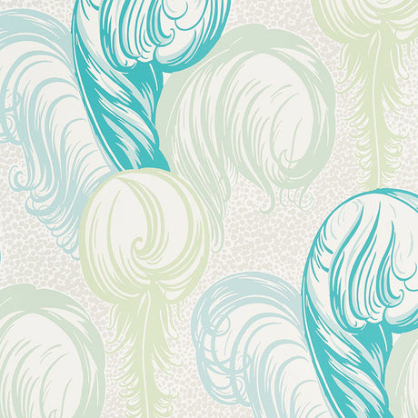 Plumes wallpaper in Peacock by Schumacher, featuring whimsical ostrich feather sprays in blue, green, and cream tones.