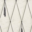 Bone colored trompe l'oeil wallpaper with diamond tufting and tassel design by Schumacher
