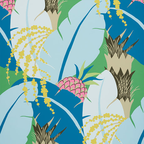 Tropical pineapple and banana leaf wallpaper in vibrant peacock blue, green, and yellow by Schumacher.