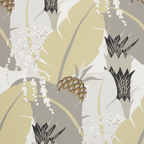 Tropical pineapple and banana leaf wallpaper in neutral tones by Schumacher, Ananas pattern.