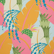 Tropical pineapple and banana leaf wallpaper in vibrant colors by Schumacher, shown in a bedroom and bar setting.