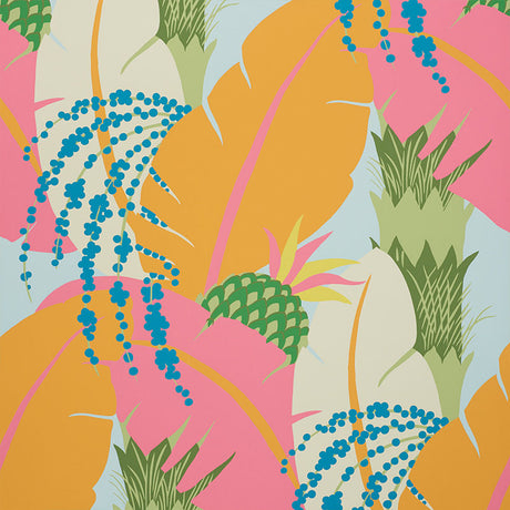 Tropical pineapple and banana leaf wallpaper in vibrant colors by Schumacher, shown in a bedroom and bar setting.