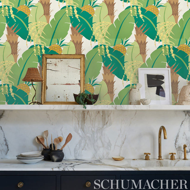 Ananas Palm Tropical Pineapple Banana Leaf Wallpaper Greens Schumacher 5009173