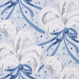 Blue and white wallpaper with ostrich feathers, ribbons, and champagne bubbles in a whimsical Art Deco style by Schumacher.