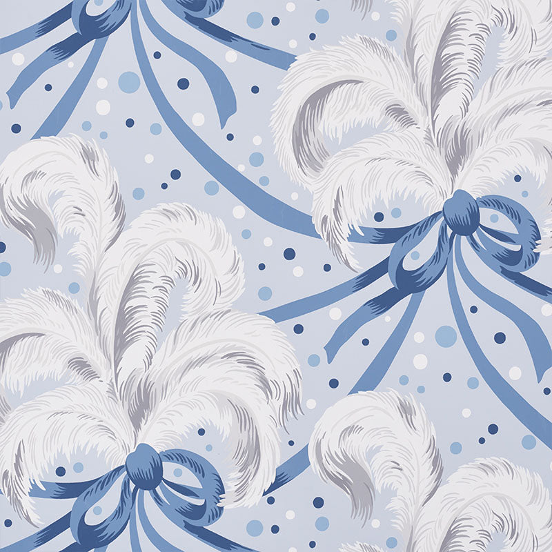 Blue and white wallpaper with ostrich feathers, ribbons, and champagne bubbles in a whimsical Art Deco style by Schumacher.