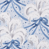 Blue and white wallpaper with ostrich feathers, ribbons, and champagne bubbles in a whimsical Art Deco style by Schumacher.