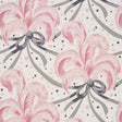 Plumes et Rubans blush wallpaper by Schumacher featuring pink ostrich feathers, ribbons, and champagne bubbles on a light background.