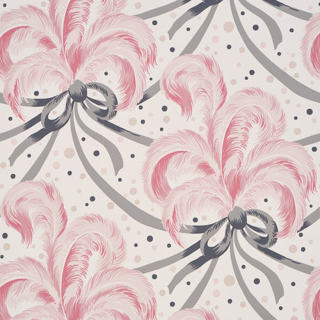 Plumes et Rubans blush wallpaper by Schumacher featuring pink ostrich feathers, ribbons, and champagne bubbles on a light background.