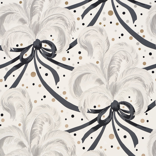 Plumes et Rubans wallpaper in champagne colorway featuring floating ostrich feathers, ribbons, and champagne bubbles by Schumacher.