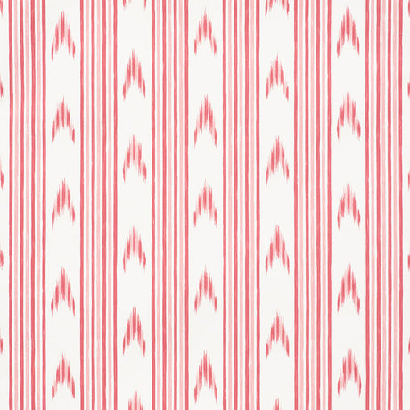 Santa Barbara Ikat pink wallpaper by Schumacher in a bathroom setting, featuring a vertical ikat stripe pattern.