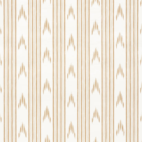 Santa Barbara Ikat wallpaper in neutral by Schumacher, shown in various interior settings with a classic ikat stripe pattern.