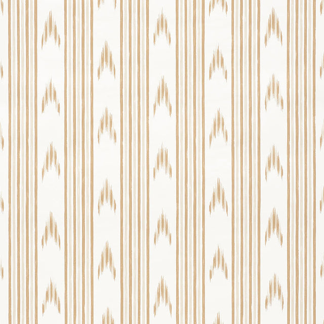 Santa Barbara Ikat wallpaper in neutral by Schumacher, shown in various interior settings with a classic ikat stripe pattern.