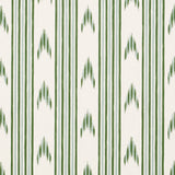 Santa Barbara Ikat wallpaper in Leaf Green by Schumacher, featuring a hand-painted ikat stripe pattern in green on a white background.