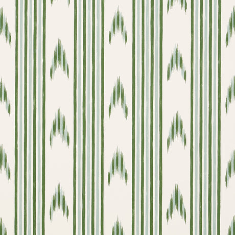 Santa Barbara Ikat wallpaper in Leaf Green by Schumacher, featuring a hand-painted ikat stripe pattern in green on a white background.