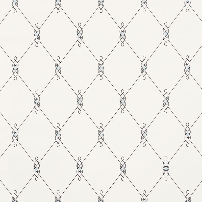 DISO by David Oliver for Schumacher, blue trellis pattern wallpaper in a bedroom setting