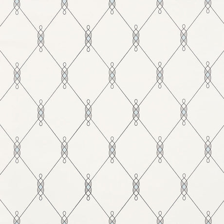 DISO by David Oliver for Schumacher, blue trellis pattern wallpaper in a bedroom setting