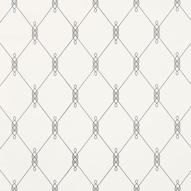 DISO by David Oliver for Schumacher, blue trellis pattern wallpaper in a bedroom setting