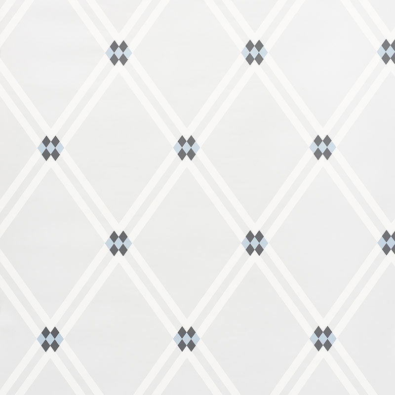 ASOLO by David Oliver for Schumacher. Blue and white argyle trellis geometric wallpaper in a modern entryway.