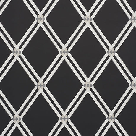 ASOLO Charcoal trellis wallpaper by Schumacher, designed by David Oliver, featuring a bold argyle-inspired geometric pattern.