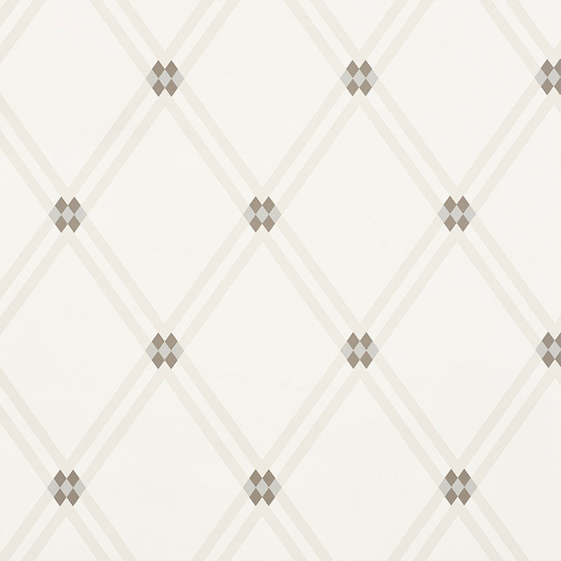 Asolo Clay Trellis Argyle Pattern Wallpaper by Schumacher, designed by David Oliver, shown in a modern interior setting.