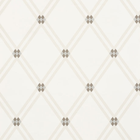 Asolo Clay Trellis Argyle Pattern Wallpaper by Schumacher, designed by David Oliver, shown in a modern interior setting.