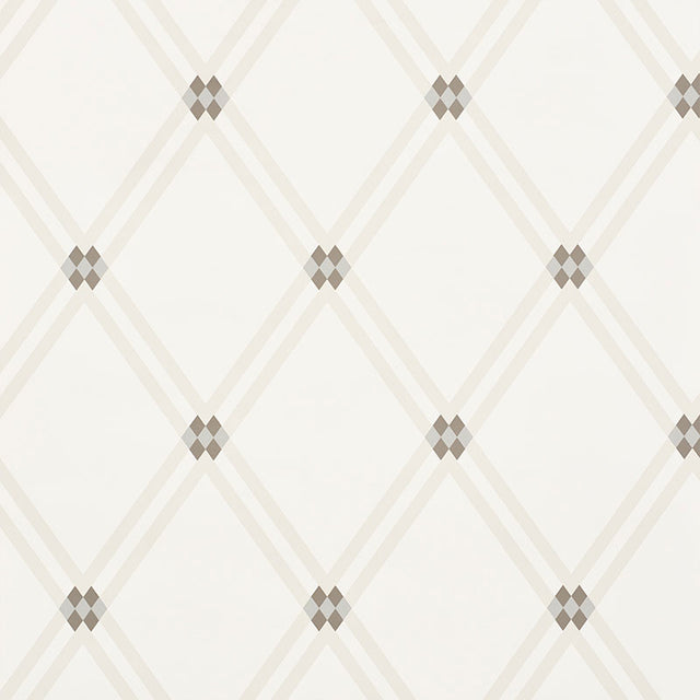 Asolo Clay Trellis Argyle Pattern Wallpaper by Schumacher, designed by David Oliver, shown in a modern interior setting.