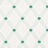 Asolo Mineral by Schumacher - Modern trellis wallpaper with argyle elements in mineral blue and green on white background.