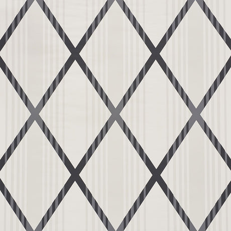 Monti Charcoal geometric diamond wallpaper by Schumacher, shown in styled room and close-up views.
