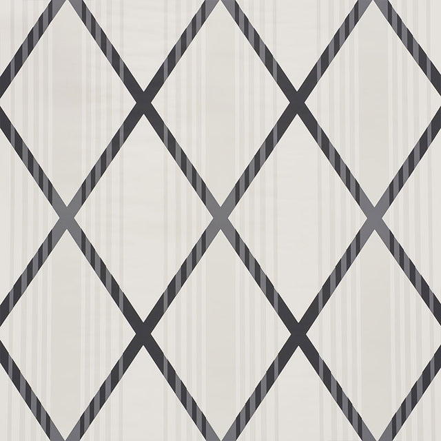 Monti Charcoal geometric diamond wallpaper by Schumacher, shown in styled room and close-up views.