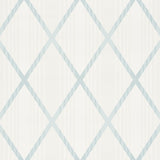 Monti Blue geometric lattice wallpaper by Schumacher, shown in styled and detail views