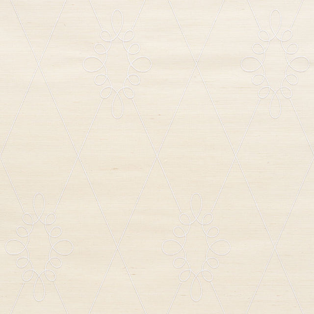 SYLVIE EMBROIDERED SISAL wallpaper in ivory with a classic trellis and medallion embroidered pattern by Schumacher.