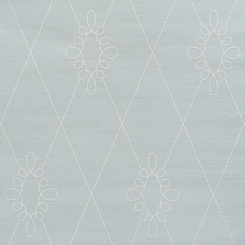 Sylvie Embroidered Sisal wallpaper in Water Blue with a classic trellis and medallion embroidery pattern by Schumacher