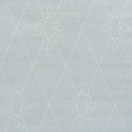 Sylvie Embroidered Sisal wallpaper in Water Blue with a classic trellis and medallion embroidery pattern by Schumacher