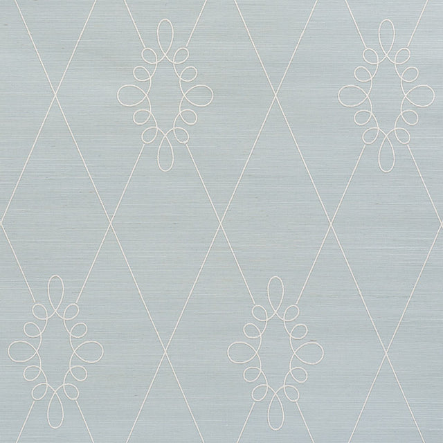 Sylvie Embroidered Sisal wallpaper in Water Blue with a classic trellis and medallion embroidery pattern by Schumacher